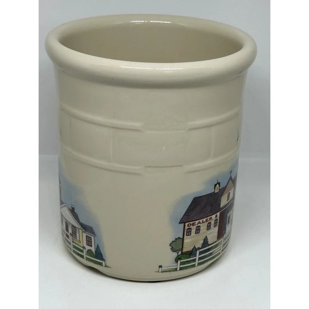 Longaberger Homestead Pottery Crock Utensil Jar Cream Village Scene 7 Inch